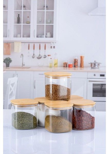 Luxury 6 Adet 800 ml Kare Bambu Kapaklı Lüks Baharat Seti 1 Adet