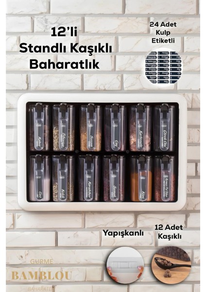 Luxury Gurme 12'li Standlı Baharatlık Etiketli, Kendinden Yapışkanlı, Kapaklı, Kaşıklı 1 Adet