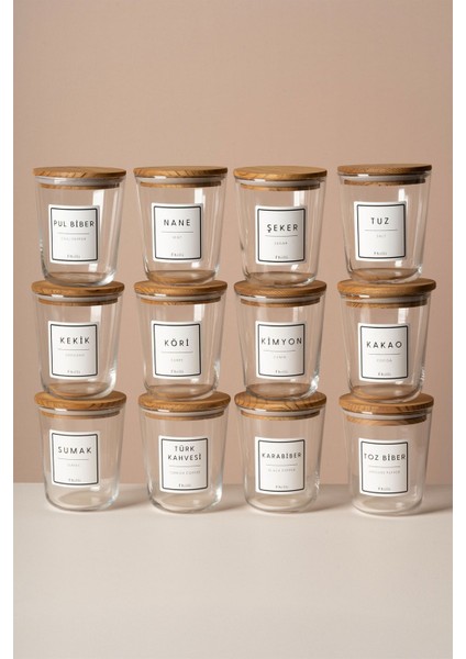 Luxury Motto - 12'li Çam Ağacı Vakum Kapaklı Etiket Hediyeli Cam Saklama Kabı Baharatlık Seti 315 ml 1 Adet