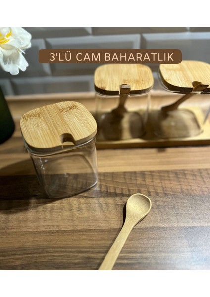 Luxury Bambu Kapaklı Standlı, Kaşıklı 3'lü Cam Baharatlık Kavanoz 1 Adet
