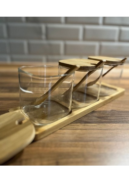 Luxury Bambu Kapaklı Standlı, Kaşıklı 3'lü Cam Baharatlık Kavanoz 1 Adet fırsatları
