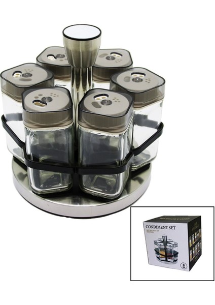 Luxury 6 Parça Cam - Plastik Kapak Tuzluk - Baharatlik Döner Standli (4767) 1 Adet