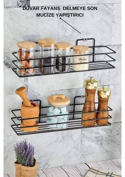 Luxury Baharatlık ve Banyo Düzenleyici 7X40 cm 2'li Siyah Raf - Baharatlık Rafı 1 Adet