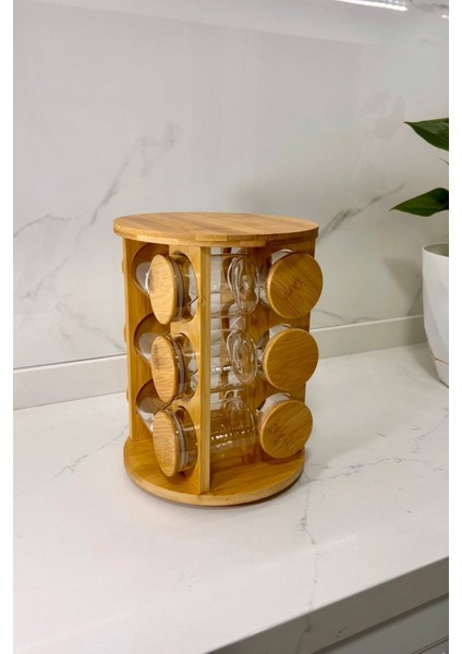 Luxury Bambu Kapaklı Döner Standlı Cam Kavanoz Seti - 12 Li 250ML 1 Adet