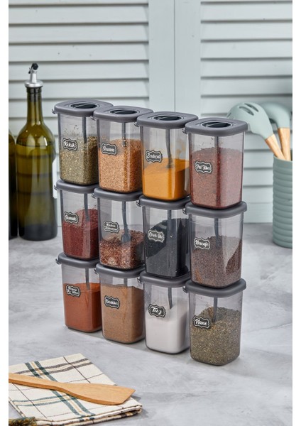 Luxury 12'li 450ML Kilitlenebilir Kapaklı Kendinden Kaşıklı Baharatlık Seti - 450ML - Etiket Hediyeli 1 Adet