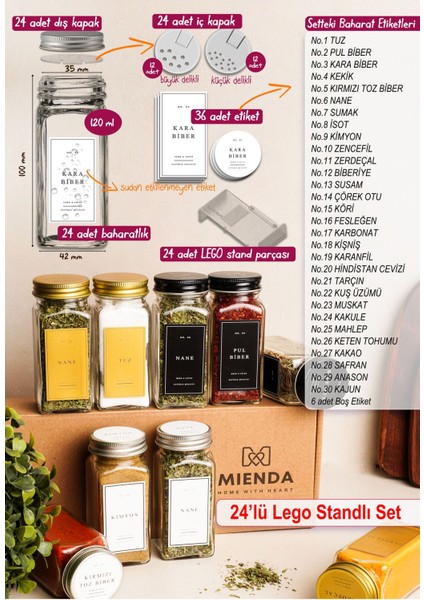 Luxury 24'lü Şeffaf Kristal Plexi Standlı Cam Baharatlık Seti Kapaklı Beyaz Etiketli Baharatlık MH03SLVR24 1 Adet modelleri