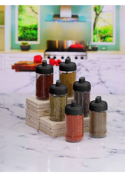 Luxury 6 Adet Kapağı Kendinden Kaşıklı Cam Baharat Takımı Kilitli KAPAK-300 ml 6 Lı Baharat Seti Etiketli 1 Adet