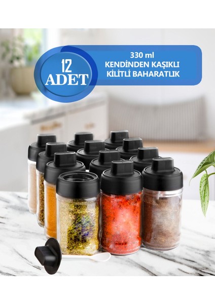 Luxury Kilitli Çevirmeli Etiketli 12 Adet Kapağı Kendinden Kaşıklı Baharatlık Mat Kapaklı 1 Adet fiyatları