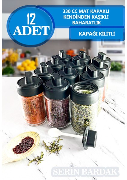 Luxury Kilitli Çevirmeli Etiketli 12 Adet Kapağı Kendinden Kaşıklı Baharatlık Mat Kapaklı 1 Adet modelleri