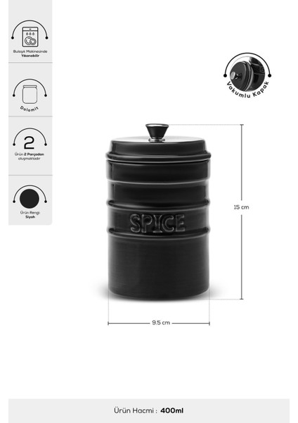 Luxury Andy Siyah Vakumlu Kapaklı Baharatlık 400 ml 1 Adet