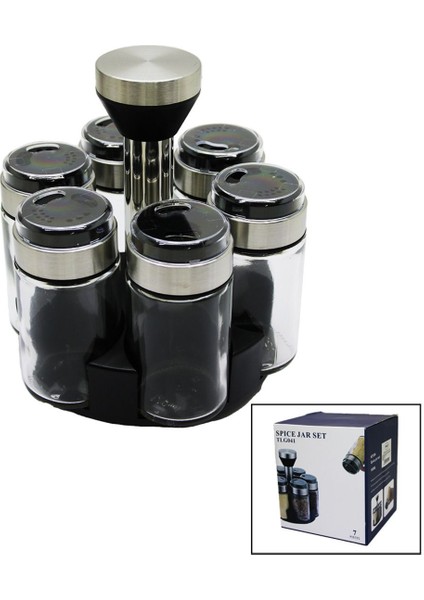 Luxury 6 Parça Yuvarlak Cam - Krom Kaplı Kapak Tuzluk - Baharatlık Döner Standlı (4172) 1 Adet
