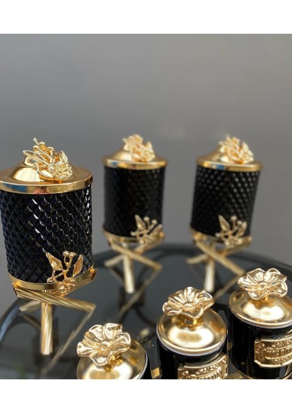 Luxury Siyah Renk Mutfak Takımı-Üçlü Cam Kavanoz ve 6lı Porselen Baharatlık 1 Adet modelleri