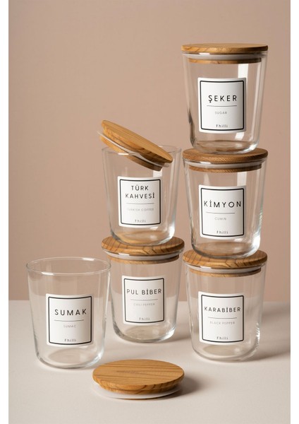 Luxury Motto - 6'lı Çam Ağacı Vakum Kapaklı Etiket Hediyeli Cam Saklama Kabı Baharatlık Seti 315 ml 1 Adet