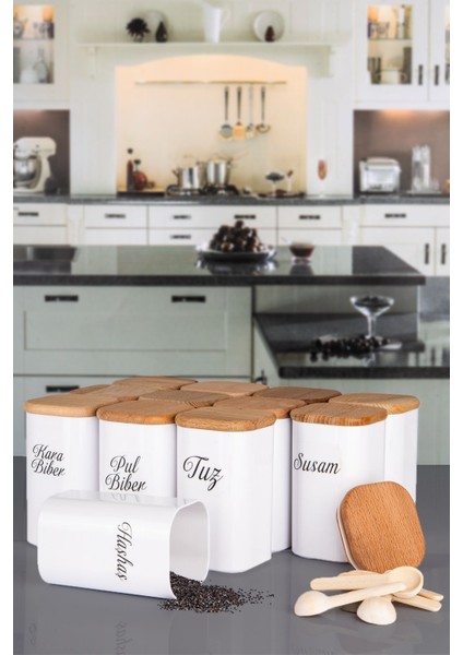 Luxury 12'li 250 ml Vakumlu Bambu Ahşap Kapaklı Porselen Görünümlü Akrilik Baharatlık Kaşık Etiket Hediyeli 1 Adet