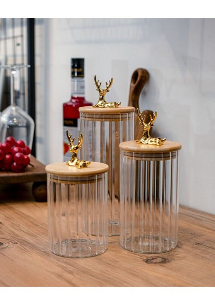 Luxury 3 Lü Set Geyik Kulplu Bambu Vakum Kapaklı Cam Baharatlık Çok Amaçlı Kahve ve Şekerlik 1 Adet
