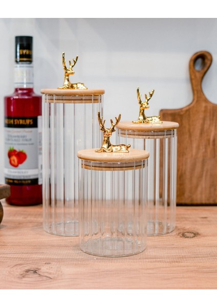 Luxury 3 Lü Set Geyik Kulplu Bambu Vakum Kapaklı Cam Baharatlık Çok Amaçlı Kahve ve Şekerlik 1 Adet indirimleri