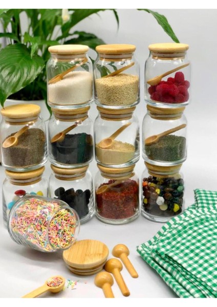 Luxury Etiketli Ahşap Kapaklı 300 ml 12 Adet Kavanoz ve 12 Adet Mini Baharat Kaşığı - 24 Parça Baharat Seti 1 Adet