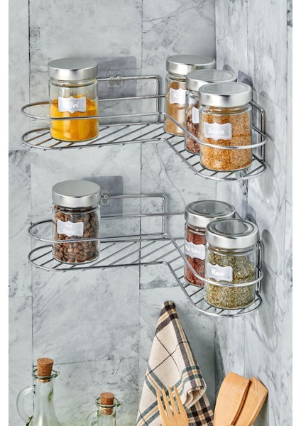 Luxury Mutfak Rafı 2'li Set Yapışkanlı Lüks Modern Siyah Metal Baharatlık Rafı Organizer Düzenleyici-Krom 1 Adet