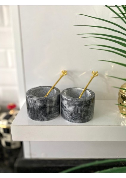 Luxury Mermer Baharatlık Seti Koyu Gri Renkli Tuzluk Biberlik Gold Kaşıklı Minimal Mutfak Dekoru 1 Adet