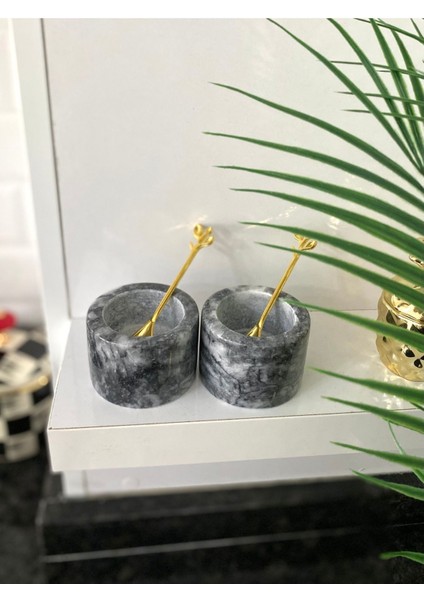 Luxury Mermer Baharatlık Seti Koyu Gri Renkli Tuzluk Biberlik Gold Kaşıklı Minimal Mutfak Dekoru 1 Adet fiyatları
