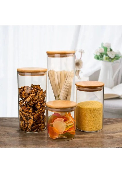 Luxury 6 Adet 550 ml Bambu Kapaklı Lüks Yuvarlak Baharatlık Seti 1 Adet