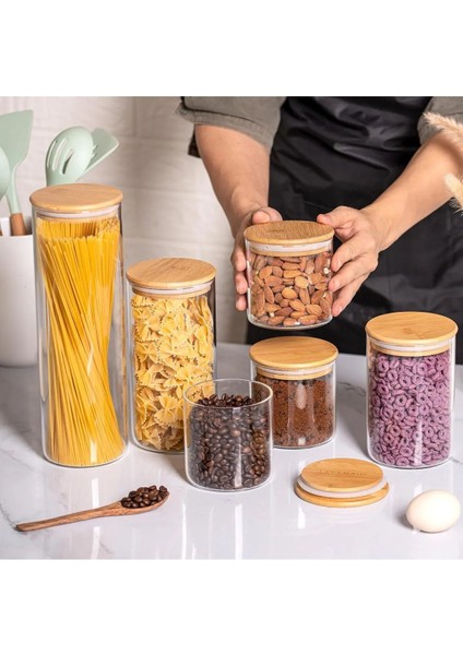 Luxury 6 Adet 550 ml Bambu Kapaklı Lüks Yuvarlak Baharatlık Seti 1 Adet