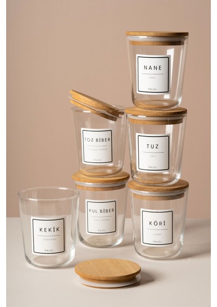 Luxury Motto - 6'lı Ayous Ağacı Vakum Kapaklı Etiket Hediyeli Cam Saklama Kabı Baharatlık Seti 315 ml 1 Adet