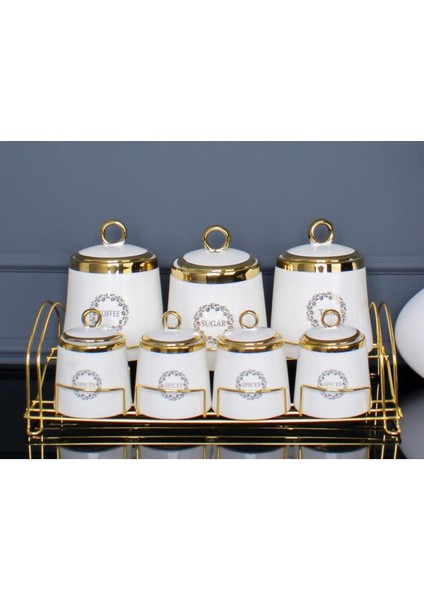 Luxury Mercy Gold 8 Parça Gold Standlı Porselen Baharat Takımı Purebone-52 1 Adet