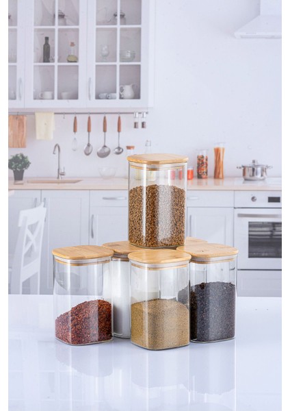 Luxury 6 Adet 425 ml Bambu Kapaklı Lüks Kare Baharatlık Seti 1 Adet