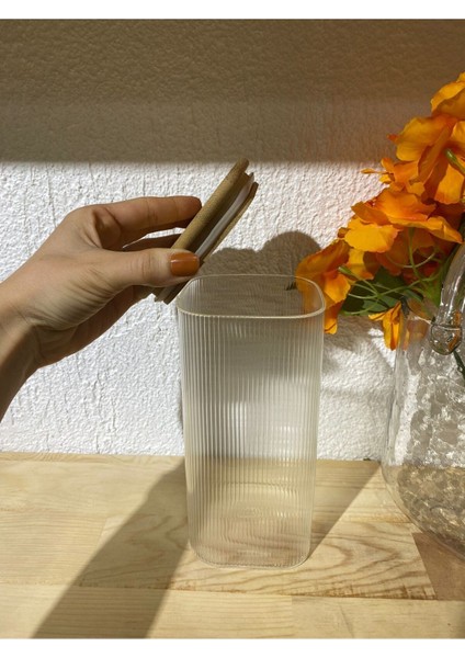 Luxury 3lü Bambu Kapaklı Çizgili Kare Kavanoz 1 Adet fırsatları