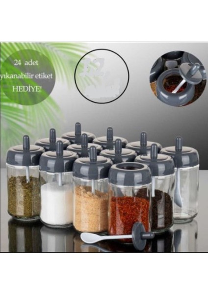 Luxury 6 Adet Kendinden Kaşıklı Baharatlık Seti - 330 ml - Cam Kavanoz 1 Adet