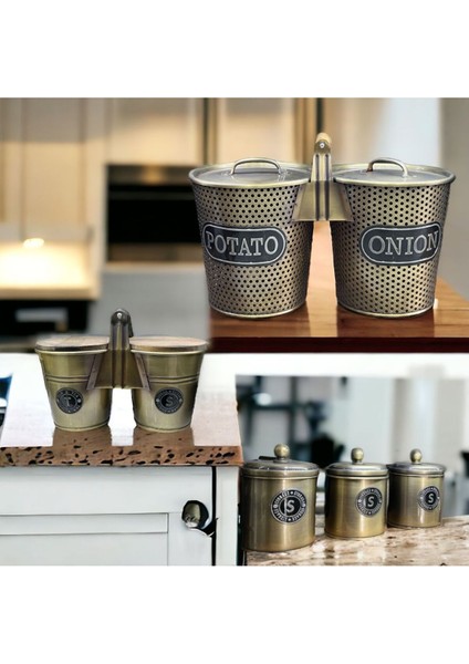 Luxury Özel Üretim Galvaniz Baharatlık ve Patates Soğan Saklama,çay Şeker Kavanozu Gold Set 1 Adet
