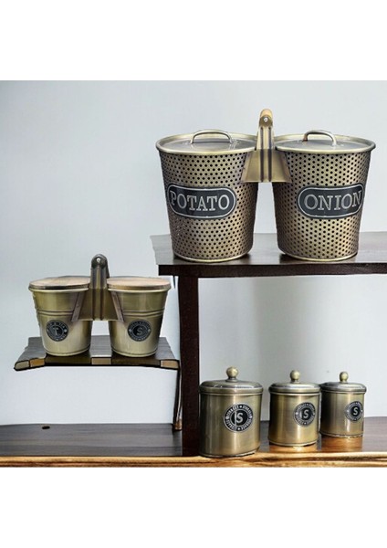 Luxury Özel Üretim Galvaniz Baharatlık ve Patates Soğan Saklama,çay Şeker Kavanozu Gold Set 1 Adet