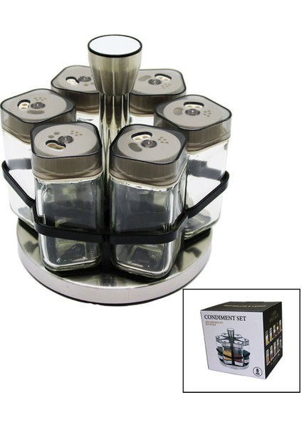 Luxury 6 Parça Kare Cam - Plastik Kapak Tuzluk - Baharatlık Döner Standlı (4886) 1 Adet