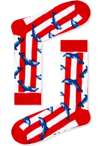 Kırmızı Yunus Balığı Desenli Unisex Çorap