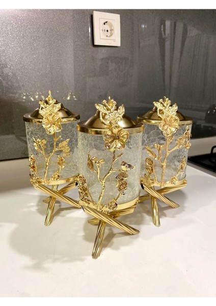 Luxury Japon Gül Pirinç Çatlak Cam 3’lü Kavanoz Seti 700GR 1 Adet