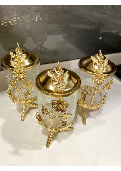 Luxury Japon Gül Pirinç Çatlak Cam 3’lü Kavanoz Seti 700GR 1 Adet