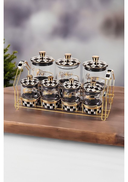 Luxury Dama Desenli 7 Parça Altın Yaldızlı Porselen Kapaklı Gold Standlı Cam Baharat Takımı 1 Adet
