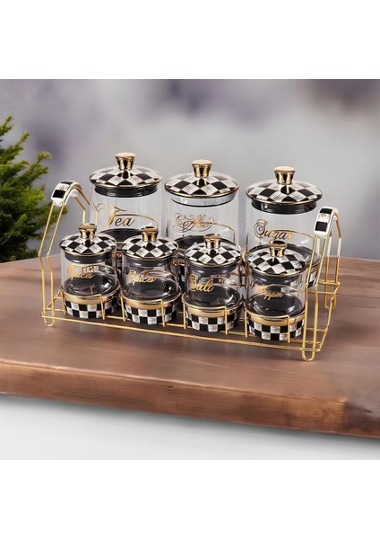 Luxury Dama Desenli 7 Parça Altın Yaldızlı Porselen Kapaklı Gold Standlı Cam Baharat Takımı 1 Adet modelleri