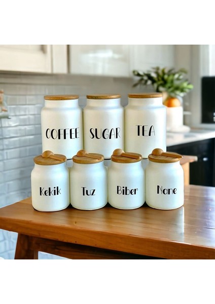 Luxury 7'li Bambu Kapaklı Cam Baharatlık Takımı Bambu Kaşıklı (Çay,kahve,şeker)Kavanoz Seti 1 Adet