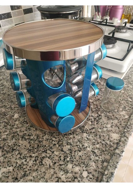 Luxury 12 Li Ahşap Yuvarlak Döner Stantlı Cam Baharatlık Tuzluk Seti 1 Adet