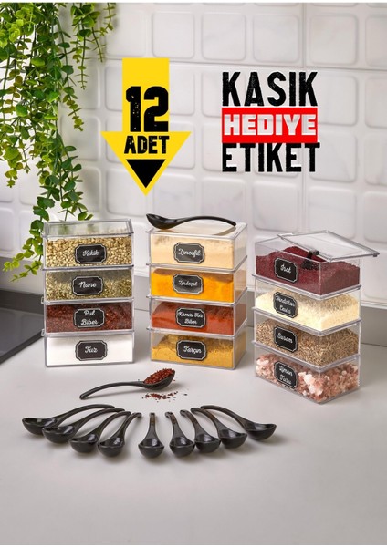 Luxury 12'li Kaşıklı Akrilik Kapaklı Baharatlık Seti Saklama Kabı 1 Adet