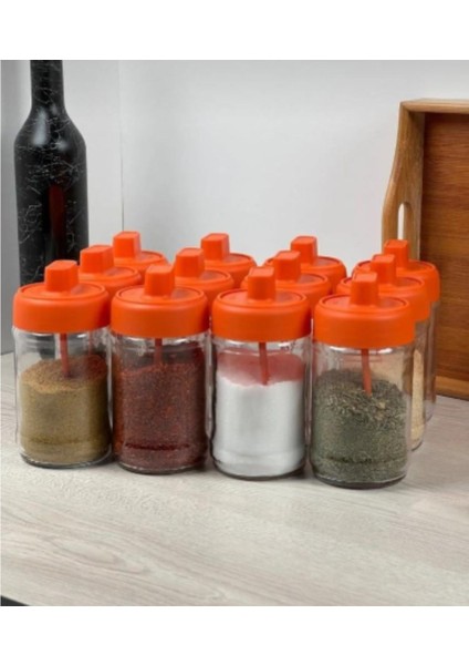 Luxury 12 Adet Mat Kapaklı Kendinden Kaşıklı Baharatlık Seti - 330 ml - Cam Kavanoz 1 Adet