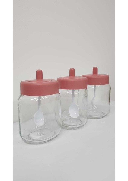Luxury 3 Adet Mat Kapaklı Kendinden Kaşıklı Baharatlık Seti - 330 ml - Cam Kavanoz 1 Adet