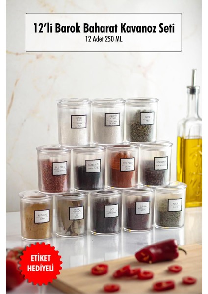 Luxury 12'li Barok Yuvarlak Baharat Kavanoz Seti & Saklama Kabı & Erzak Kabı (12*250 Ml) 1 Adet