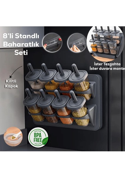 Luxury 8'li Kaşıklı Stand Baharatlık 1 Adet modelleri