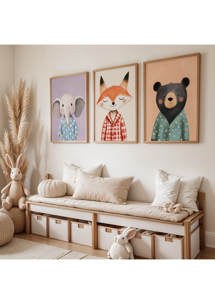 Şık ve Sevimli Dostlar – Fil, Tilki ve Ayı Temalı Çocuk Odası Doğal Ahşap Çerçeveli Tablo Seti