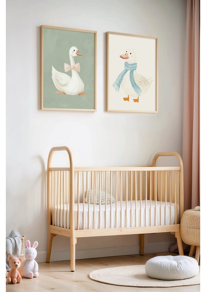 2'li Minimalist Ördekler Çocuk Odası ve Bebek Odası Ahşap Çerçeveli Duvar Tablosu