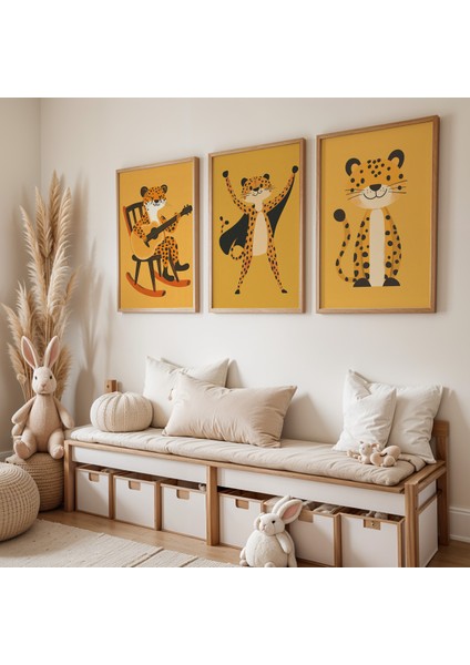 3'lü Marsupilami Çocuk Odası Ahşap Çerçeveli Duvar Tablosu