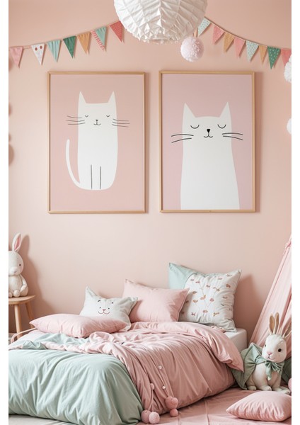 2'li Sevimli Kedicik Bebek Odası ve Çocuk Odası Ahşap Çerçeveli Duvar Tablosu